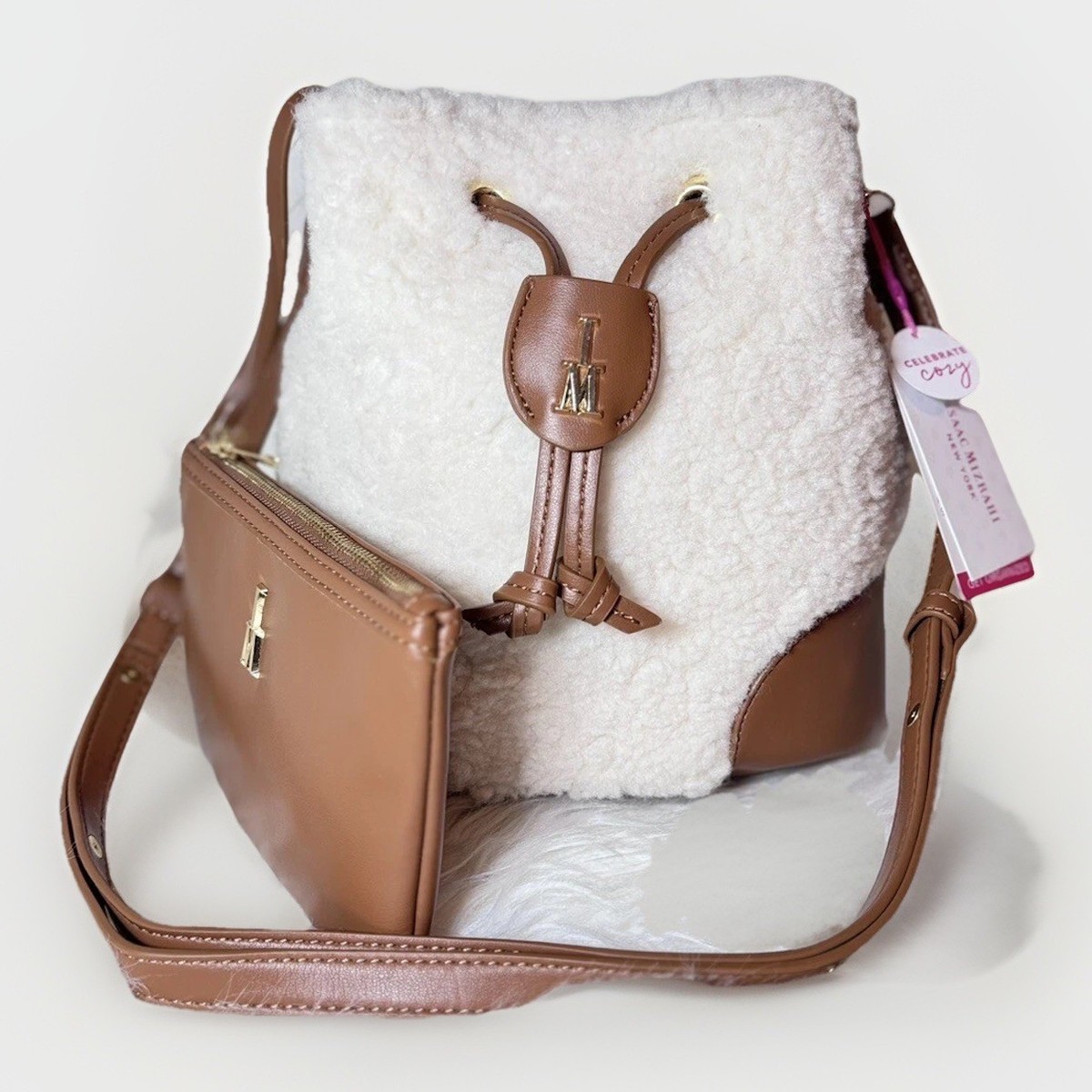 Isaac Mizrahi Brown/White Teddy Fall Winter Crossbody Bucket Bag