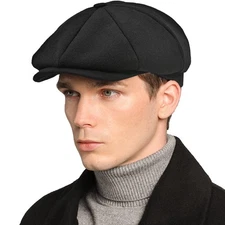 Mens Newsboy Cap High Woolen Tweed Gatsby Hat Ivy Cabbie Flat Golf Cap for Fa...