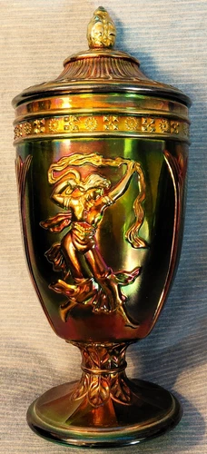 Fenton Carnival Glass Contemporary Dancing Ladies Covered Urn *Teal Green*
