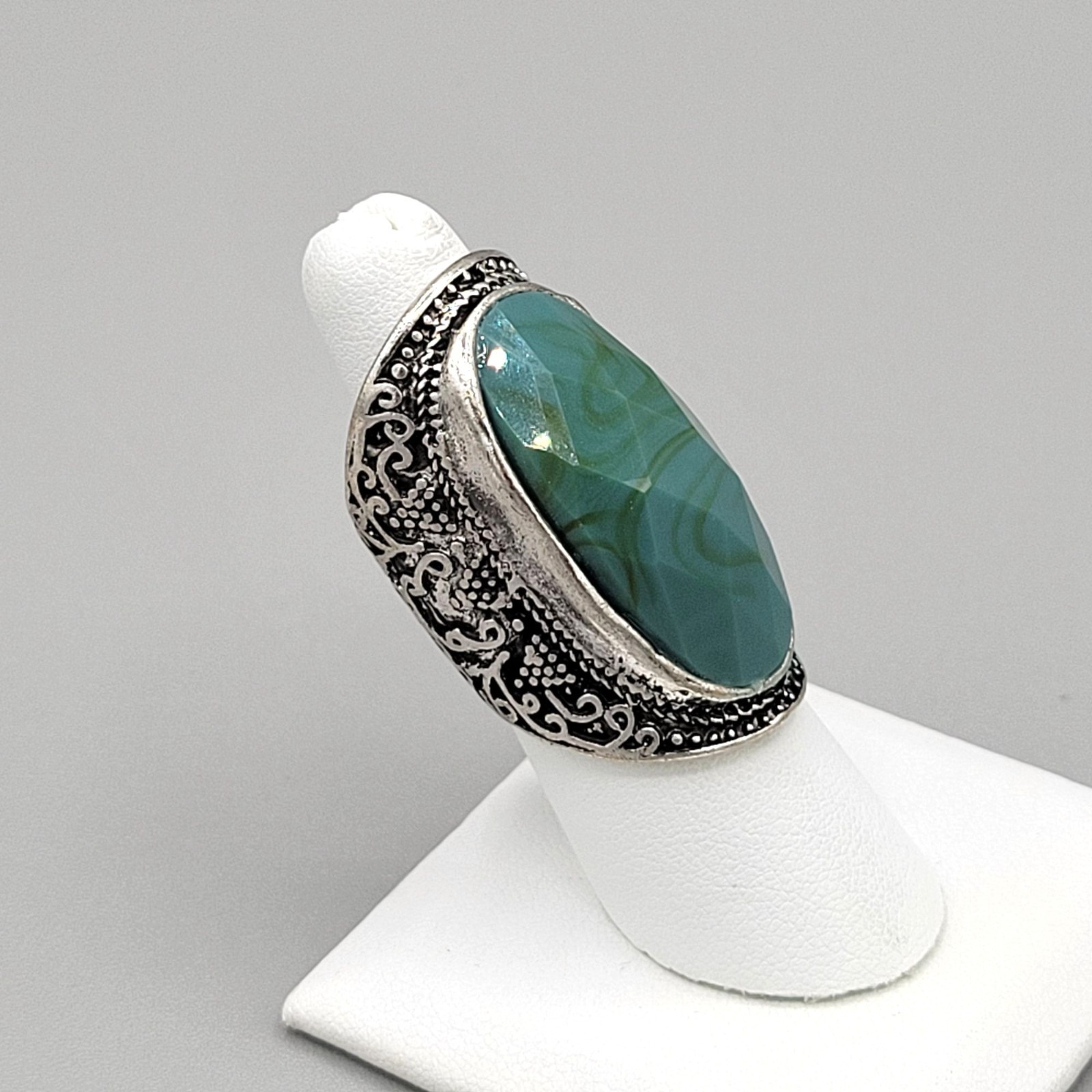 Faceted Green Chalcedony Stone Statement Ring Sil… - image 3