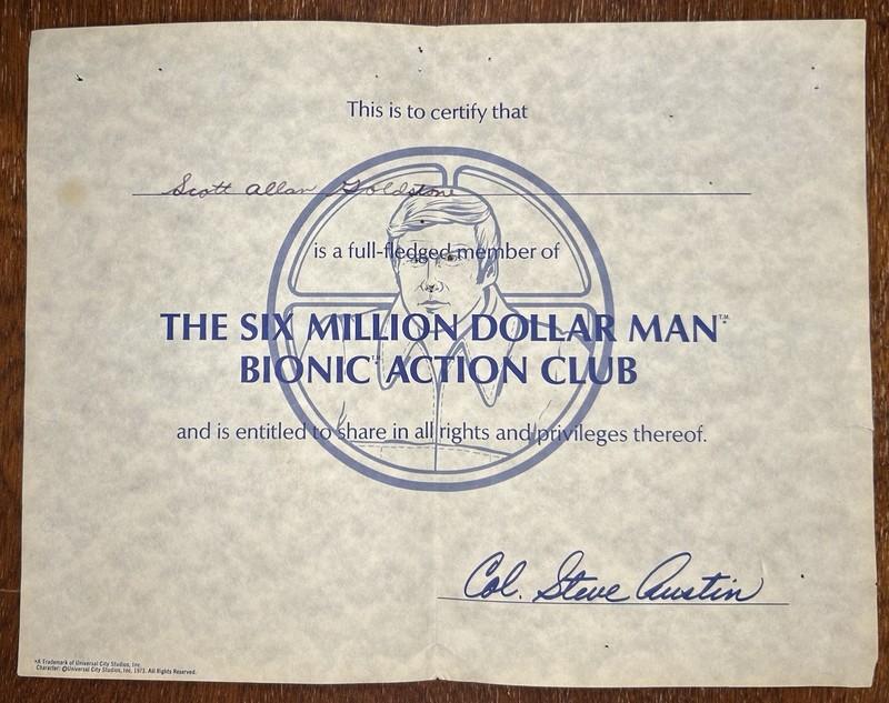 Six Million Dollar Man Bionic Club Certificate 1970s Vintage Steve Austin Club