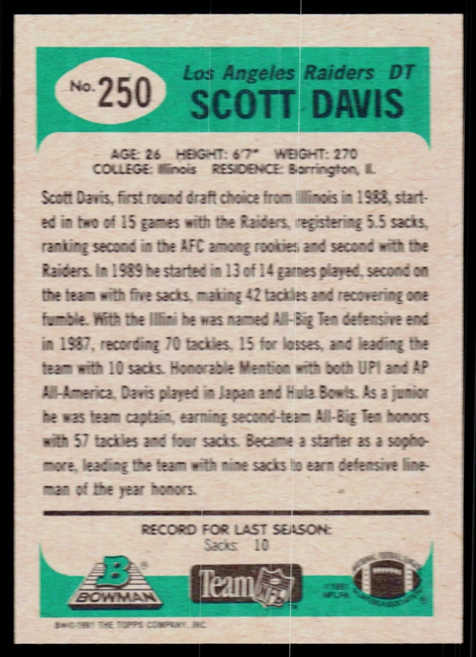 Scott Davis, 1991 Bowman, #250, Los Angeles Raiders, - Image 2 of 2