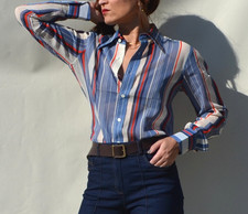 Yves Saint Laurent 70s 80s stock multi color striped button down collar shirt.38