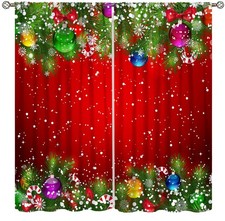 Christmas Curtains Colorful Balls Snowflakes Candy Green Fir Branches Holiday...