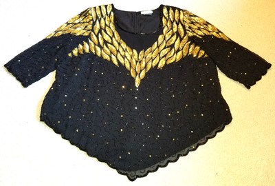 Womens Top-ROAMAN'S-'Black/Bronze' beaded silky holiday formal whimsigoth-24W