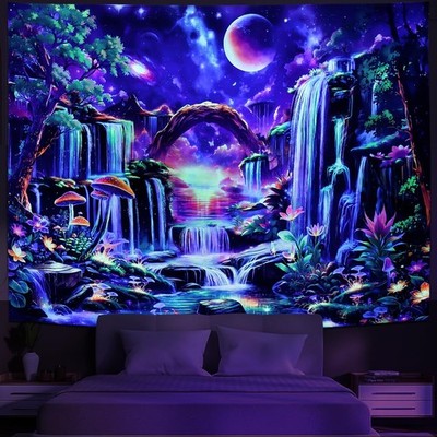 Blacklight Fantasy Forest Tapestry Neon Waterfall Tapestries UV Reactive Galaxy 
