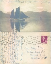 Sailing ship in Kvarg Nordland Norway Eneret Mittet Co 1927 postmark Seascape