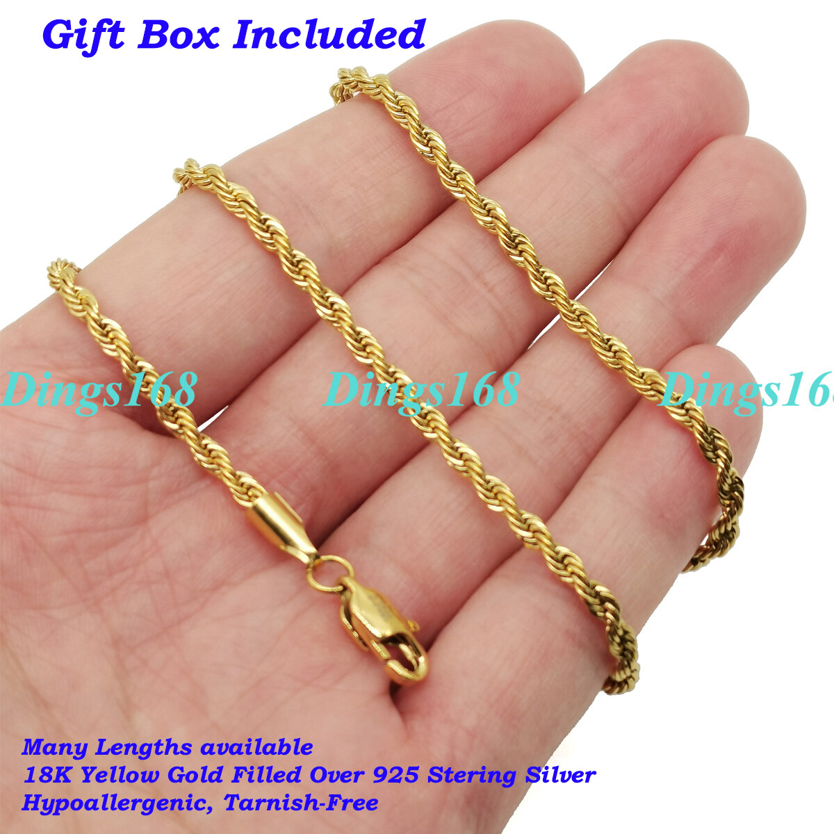 18K Gold Over Sterling Silver Rope Chain Necklace  16
