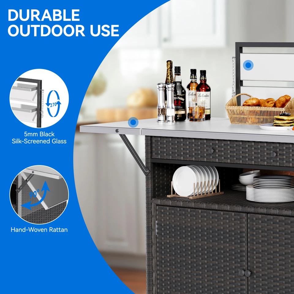 Carro rodante isla de cocina exterior y gabinete de almacenamiento, carro de barra de almacenamiento de mimbre XL Foto 3 de 4