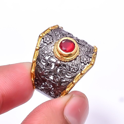 Red Garnet Gemstone Black And Gold Plated 925 Sterling Silver Ring s.10 Sku4 - 第 1/2 張圖片
