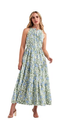 Hermoza Hilde Halter Maxi Dress Womens Size XS Tiered Linen Blend Floral NEW