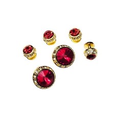 Red Faceted Crystal Studs and Cufflinks in Gold Tone Finish