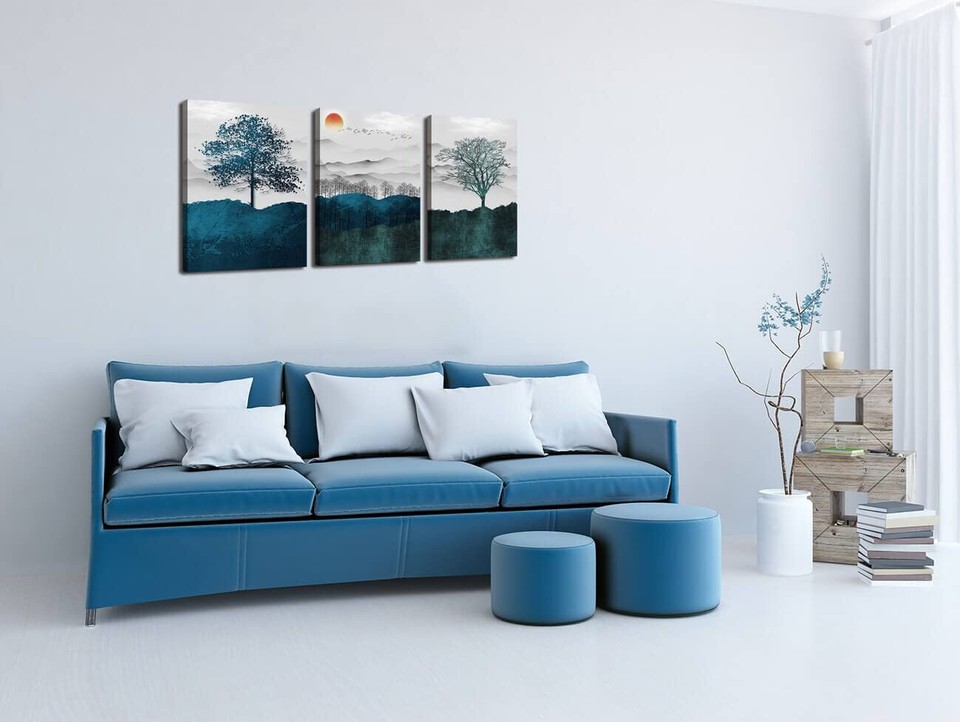 Blue and Grey Mountain Sunset Trees Nature Landscape Abstract Wall Art