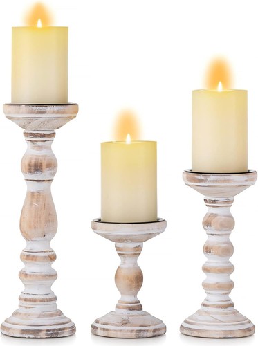 Pillar Candle Holders: Set of 3 decorative wood candle holders, 6“, 8.3”, 12” - Picture 2 of 8