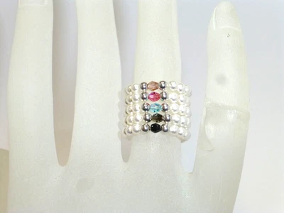 Flexibler Perlenring Vorsteckring weiß Kristall Strass Gold Silber Stretchring - Bild 1 von 3
