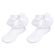 Pairs Girls Ruffle Frilly Socks Adorable Tutu Mini Bow 4-6 Years 2 White