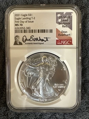 2021 American Silver Eagle NGC MS 70 Don Everhart Hand  Signed  T-2 Flag Label