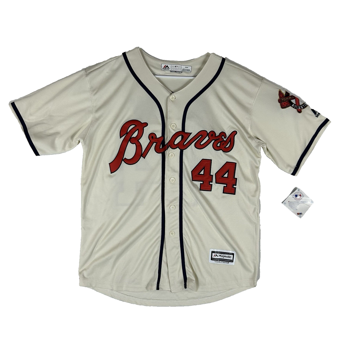 ☆入手困難☆MLB アトランタ・ブレーブス #44 アーロン ベースボールシャツ Atlanta Braves NEW Hank Aaron #44 Button Up Jersey Men's Medium