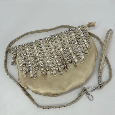 Imoshion Womens Crossbody Bag Small Gold Studded Rhinestone Fringe Rocker Glam