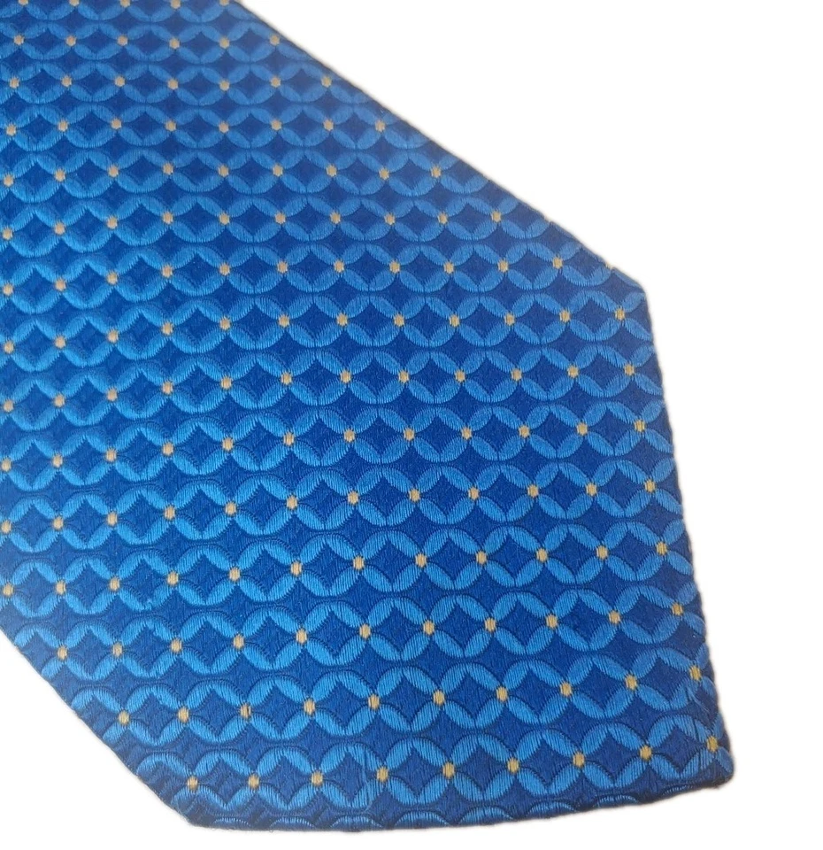 Corbata de cuello de seda italiana Tiffany & Co cuadrados geométricos puntos dorados azules 3,5" W 58" L Foto 2 de 4