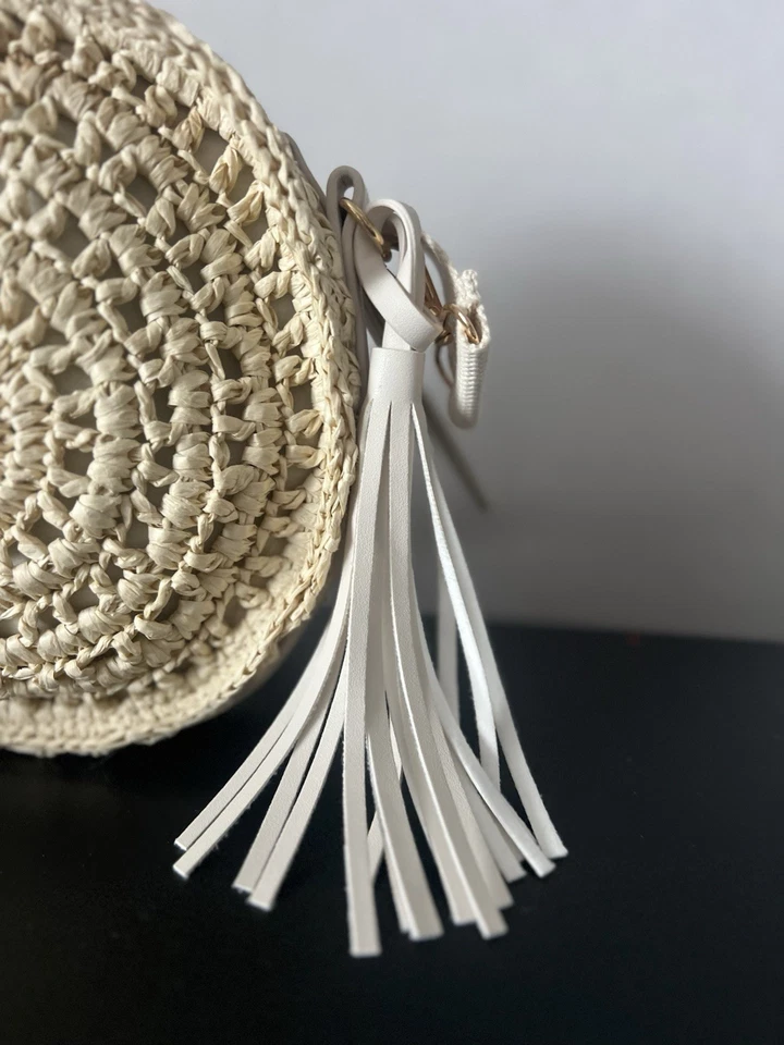 Beige Round Woven Straw Crossbody Bag, Zip Tassel, Adjustable Strap, Lined - Image 2 of 4