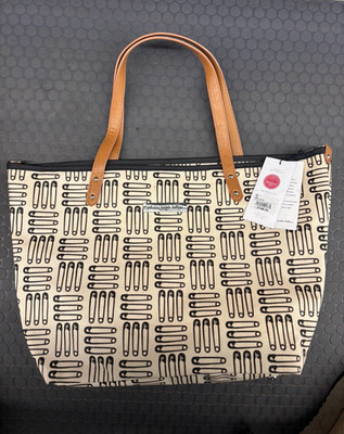 NWT Petunia Pickle Bottom Downtown Tote Bag Women's Black Beige Safety Pin Print