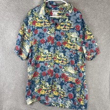 Disney Parks Shirt Mens Large Blue Mickey Hawaiian Button Front Tropical Surfing