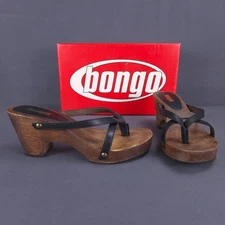 Bongo Heeled Sandals Candice Wood Thong Platform Leather Upper Black Brown 7M