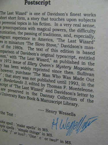 2nd,postscript signed by Henry Wessells,The Last Wizard by Avram Davidson (1999) - Picture 3 of 3