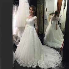 A Line Wedding Dresses Scoop Neck Long Sleeves Tulle Appliques Bridal Gown Train