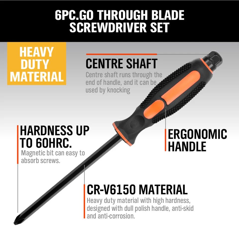 Набор из 6 магнитных сквозных отверток ударный шестигранный валик 3 крестообразных 3 плоских - Изображение 3 из 4