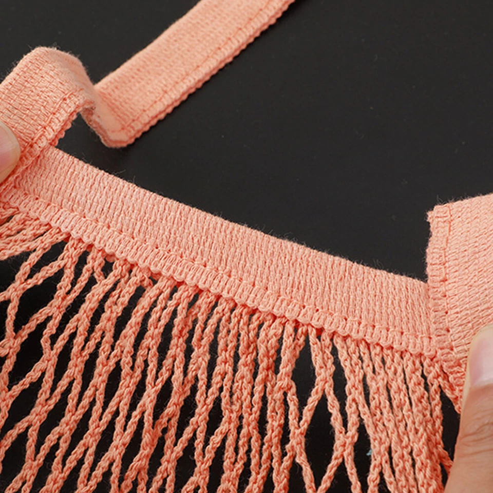 Woven Cotton Mesh Bag Foldable String Long Handle Net Tote Fruit Vegetable New - Image 3 of 4