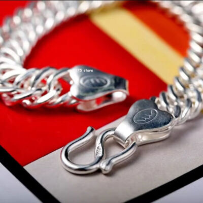 Real 999 Pure Silver Bracelet Women Men 7mm/8mm/10mm Cuban Curb Link Chain