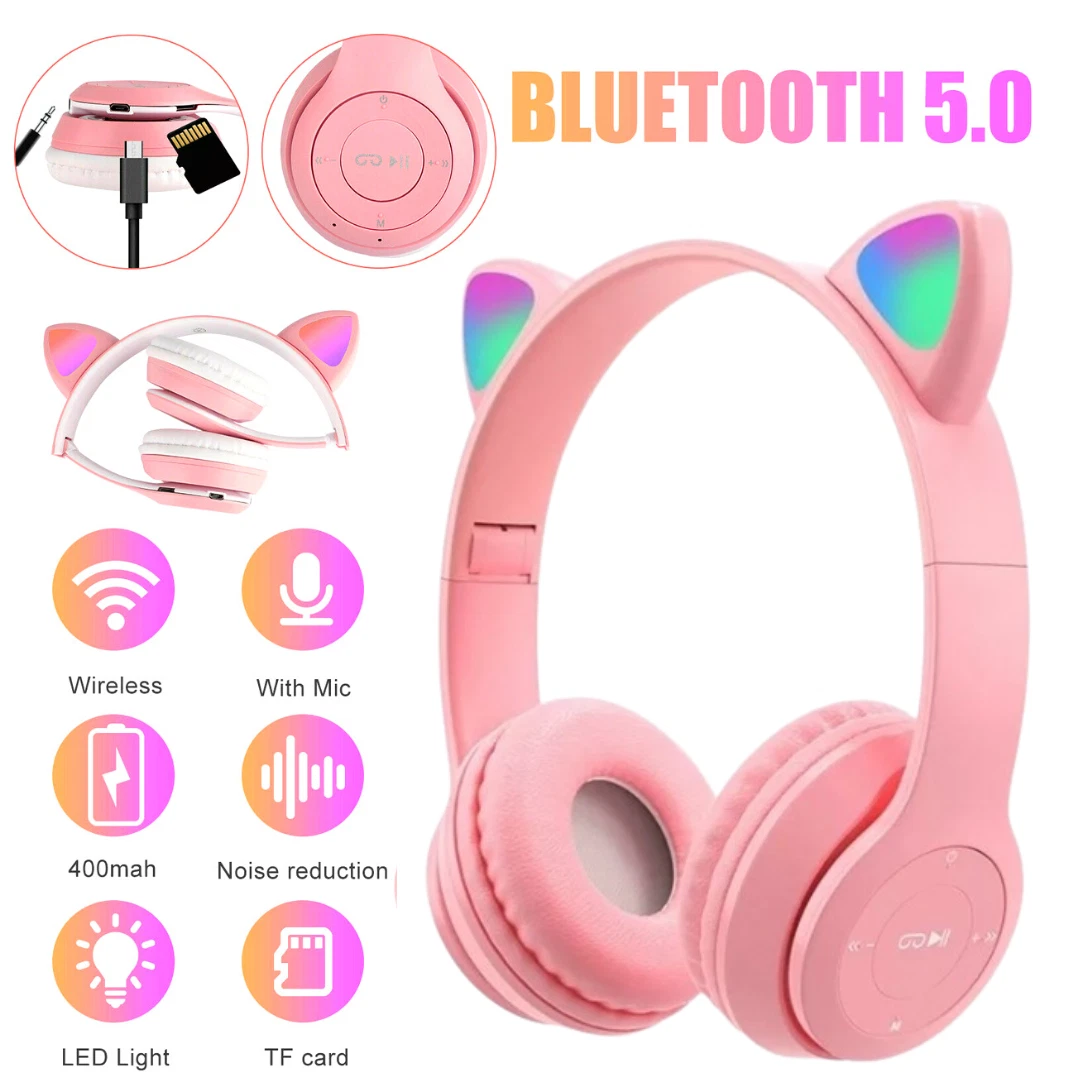 Audifonos Inalambricos Bluetooth 5.0 Cat LED Mic Auriculares para Mujer  Niñas