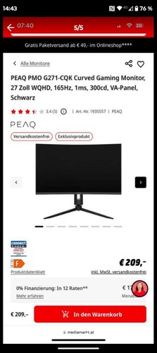 PEAQ PMO G270-CQK 27 Zoll WQHD 165Hz Gaming Monitor - Schwarz - Bild 4 von 4
