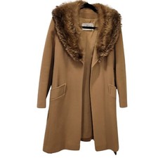 Vintage 1970's Tan Belted Lined Wool Blend Peacoat with Faux Fur Stole, Medium