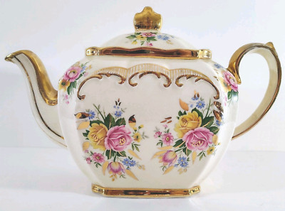 VTG 1930's Sadler 2657 Princess Cube Teapot Pink-Yellow Roses Gold Gilt England