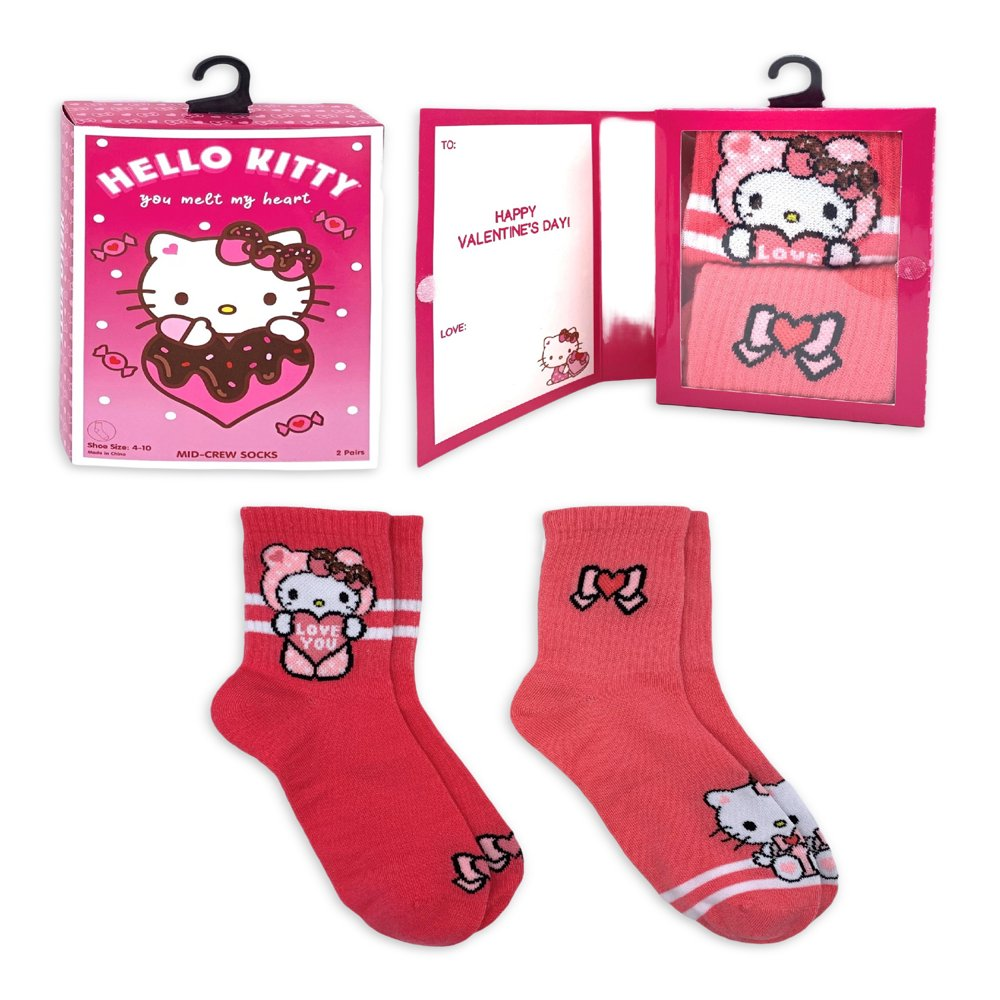 🔴 Mid-Crew Socks Valentine's Day Hello Kitty Women's Size 4-10