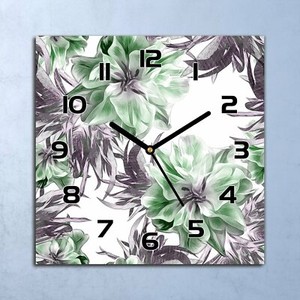 Wanduhr Echt-Glas-Küchenuhr grüne Blumen Quarz Lautlos 30x30 Deko