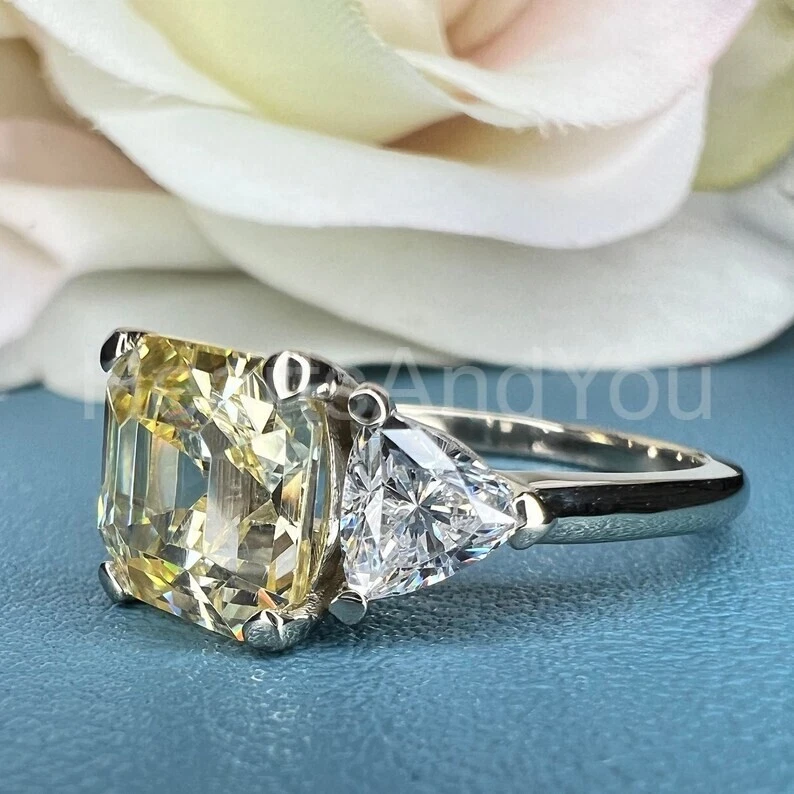 Anillo de oro blanco sólido de 14 k de moissanita de zafiro amarillo natural corte Asscher de 1 quilate Foto 4 de 4