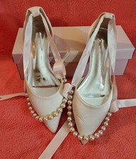 Bridal Shoes Ivory Satin Finish Flats Pointed Toe Pearl Strap Ribbon Tie 7