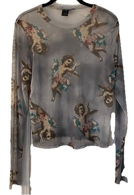 Polly & Esther Women's XL Semi Sheer Top Long Sleeves Gray With Cherubs Fairy 
