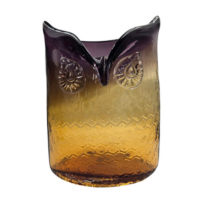 Large Purple & Amber Honeycomb Blown Glass Owl Vase Art Handmade Studio 9'' high
