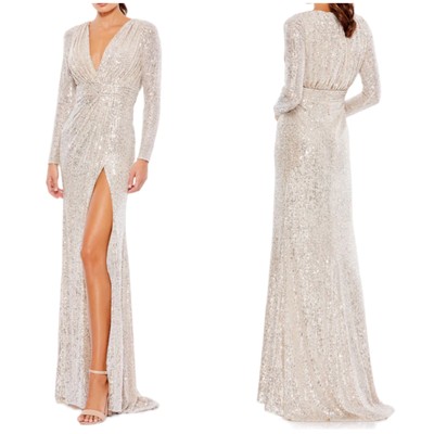 Mac Duggal NWT Long Sleeve Ruched Faux Wrap Sequin Gown Size 12 Silver V-Neck