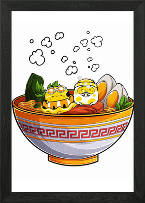 Cartoon Cats in Ramen Bowl Illustra Framed Wall Art Poster Canvas Print Picture