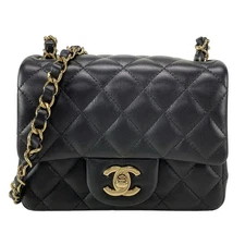 Auth CHANEL Mini Matelasse A35200 Black Lambskin Shoulder Bag Gold hardware