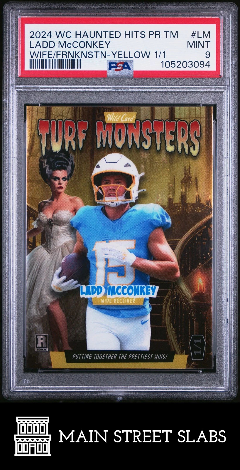 Ladd McConkey Wild Card Haunted Hits Monster Hunt Promo Turf Monsters Wife of Frankenstein #LM Yellow 1/1