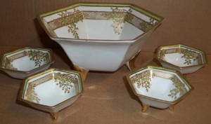 Vintage Nippon Japan Moriage Master Bowl 4 Individual Nut Dishes Royal Crockery