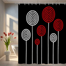 Modern Black and White Shower Curtain with Red Circles Design