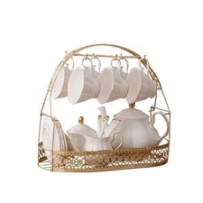 15-Piece White Ceramic Tea Set - Teapot, Bone China Cups, Metal Holder  Spoons